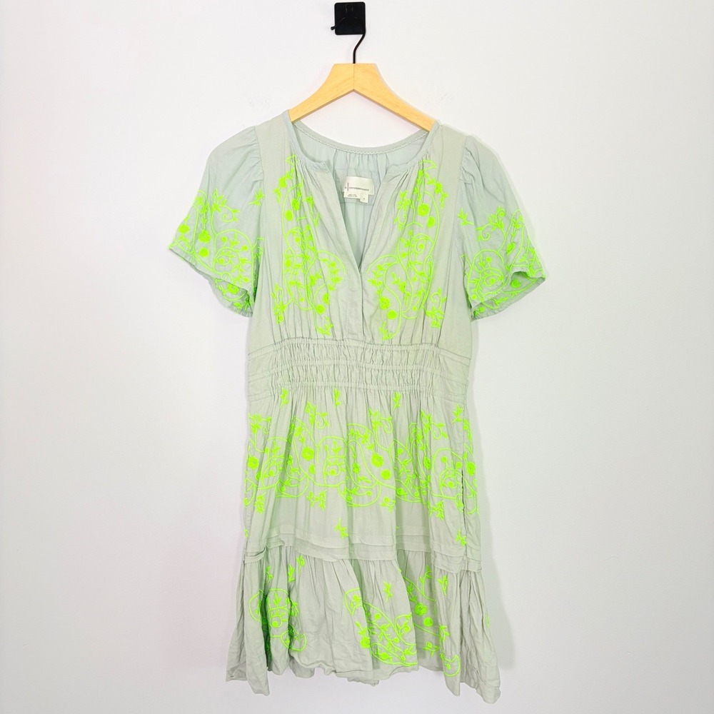 Anthropologie Somerset Mini Dress Embroidered Linen Mint Green Neon Floral Sz S - Picture 2 of 9